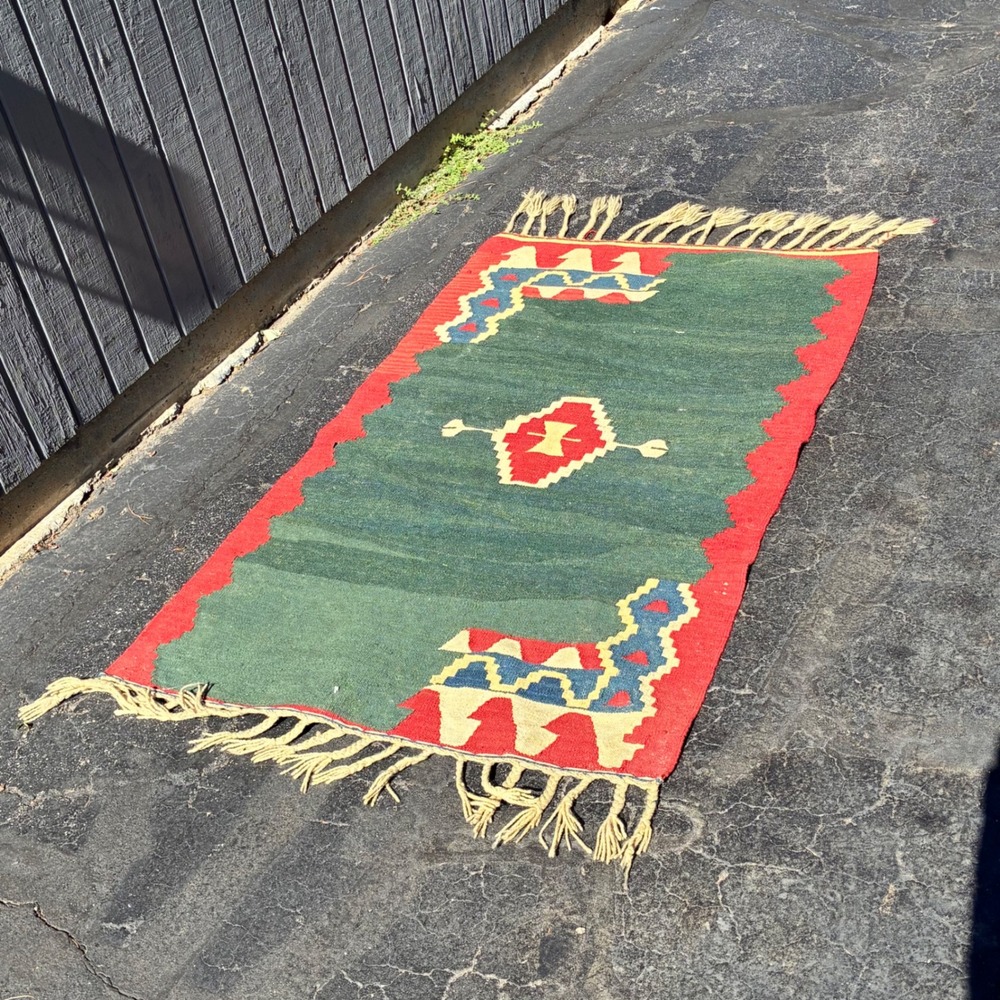 Turkish? Handwoven Kilim Rug Geometric Wool Flatweave Boho Tribal Eclectic Home